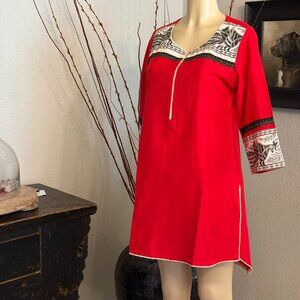 STOP  bright red w/ grey and creme aztec design TUNIC
